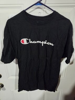 Champion Black Short Sleeve Tee with White Script and Red Logo